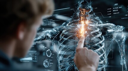 A futuristic depiction of a person interacting with a holographic model of the human body, showcasing anatomy and technology integration.