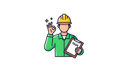 Construction worker confirming task completion with an ok gesture holding a clipboard outdoors symbolizing safety and project management success.