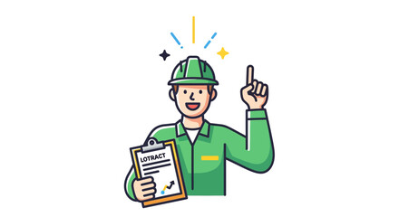 construction worker with lotract document pointing up for project planning construction management and successful building contract