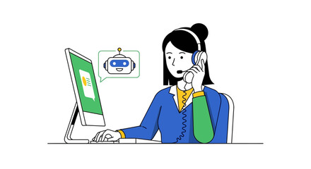 Customer service representative on call with chatbot providing assistance using tech for efficient solutions ideal for digital support articles.