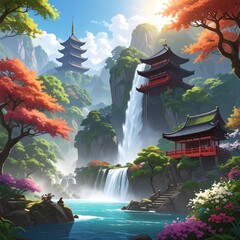Serene scene of Asian pagodas set amidst a cascading waterfall, vibrant foliage, and mountains. Peaceful, colorful, dreamy