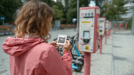 A person in a pink jacket scans a QR code at a bike rental station, showcasing modern technology and urban commuting.