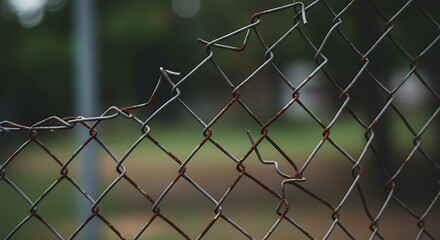 Weathered and Broken Chain-Link Fence with Rust Against a Soft, Moody Green Bokeh