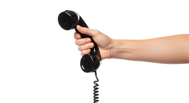 Hand holding a black vintage telephone isolated on transparent background - Powered by Adobe