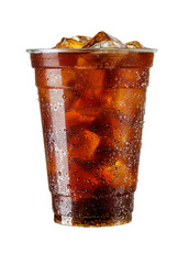 Iced cola in fogged disposable plastic cup isolated on white background