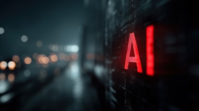 A close-up of glowing red "AI" letters on a dark, blurred background, conveying a sense of technology and innovation in a nighttime setting.