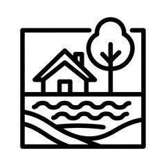 Minimalist Line Art Icon of House, Tree, Water, and Land