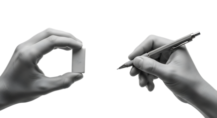 Hand holding eraser and pen isolated on transparent background for writing