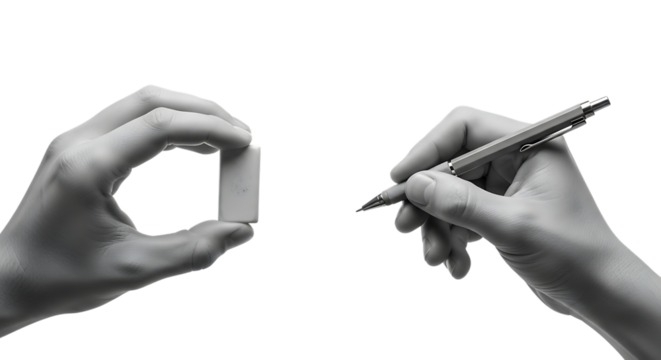 Hand holding eraser and pen isolated on transparent background for writing