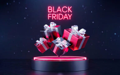 A modern, stylized promotional Black Friday advertisement with a dark blue background featuring floating red gift boxes. 