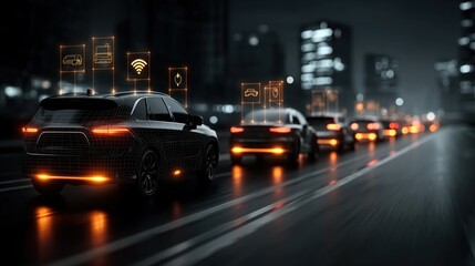 A futuristic scene showing cars on a city road at night, featuring digital interfaces and glowing elements, highlighting modern transportation technology.