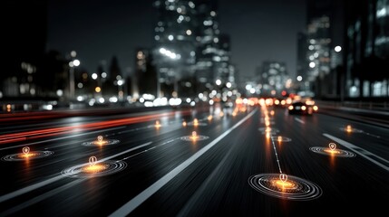A futuristic city street at night, illuminated by bright lights and overlaid with digital connection symbols, representing urban technology and connectivity.