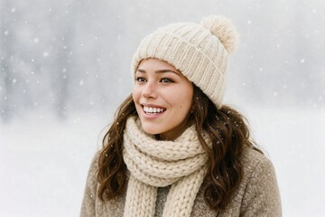 Happy young woman in cozy knitted hat and scarf enjoying snowy winter day outdoors, soft light and joyful mood