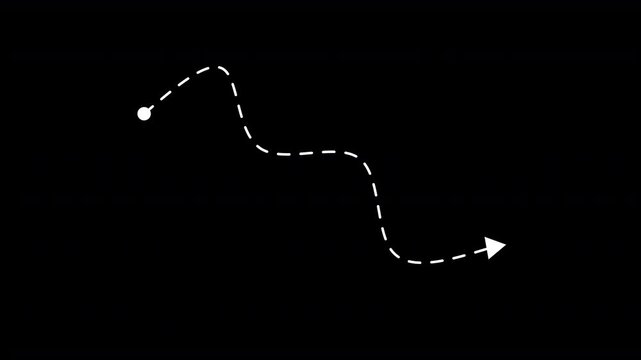Animation of dash line path with arrow to the bottom right point. dash line path animation on black background 4k video