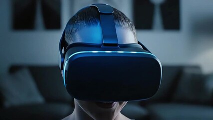 Smiling woman enjoying an immersive virtual reality experience with a sleek glowing VR headset exploring captivating digital worlds and future metaverse technol - Powered by Adobe
