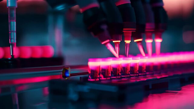This image showcases advanced laboratory equipment with vibrant liquid dispensing tips, highlighting the precision and innovation in modern science and research.