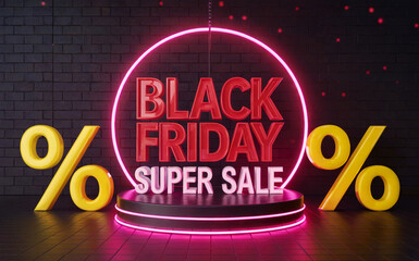A 3D rendered promotional image for a Black Friday sale with a dark background. 