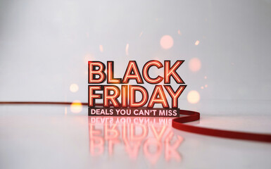 A 3D rendered promotional image for Black Friday sales with glowing red-orange text against a white background. 
