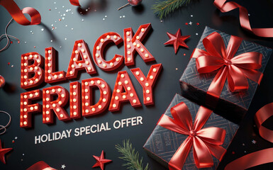 A promotional Black Friday advertisement image with a dark gray background. The text "BLACK FRIDAY" is in large red illuminated letters with white dots creating a marquee effect.