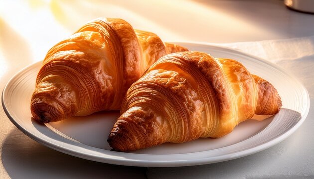 two freshly baked croissants on a white plate - Powered by Adobe