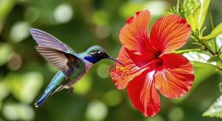 A hummingbird feeding at a red flower in bright sunlight