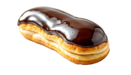&Eacute;clair with glossy chocolate glaze reflection. Transparent png dessert isolated.