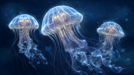 Bioluminescent jellyfish drift in the deep ocean darkness.