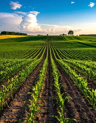 Serene view of rows of young green corn stalks stretch toward the horizon under a brilliant blue sky dotted with fluffy white clouds