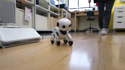 A charming robot dog explores an office environment, showcasing its playful nature. The innovative design captures the blend of technology and companionship in modern spaces. - Powered by Adobe