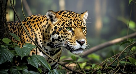 Obraz premium A jaguar emerging from dense understory foliage in rainforest