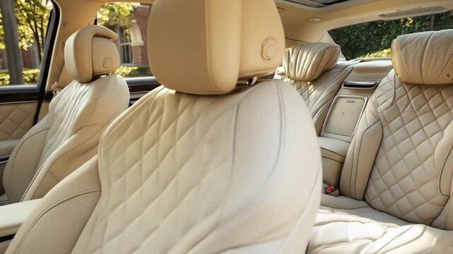 Luxurious interior of a car with cream quilted leather seats, sunlight, and a view