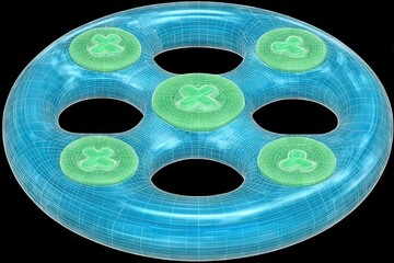 Abstract blue torus with green clover inserts on black background