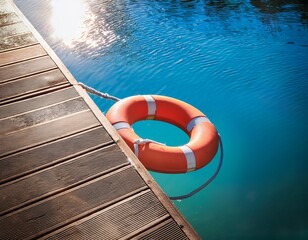 lifebuoy tied to dock calm pool water reflecting early sunlight