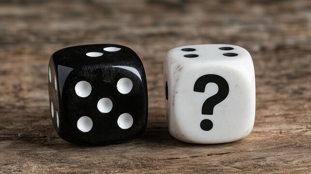 Black and white dice showing numbers and a question mark on wooden background