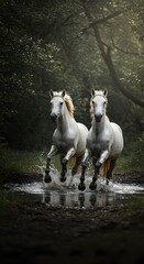 Obraz premium White Horses Running Through Water