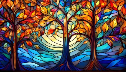 trees and leaves enchanted in stained glass