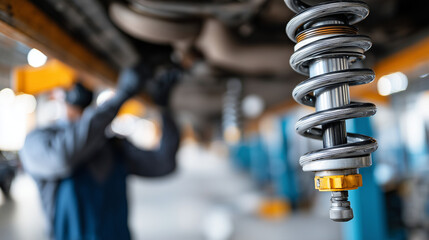Partial view of technician's uniformed body inspecting defocused suspension while tools are sharp, with copy space