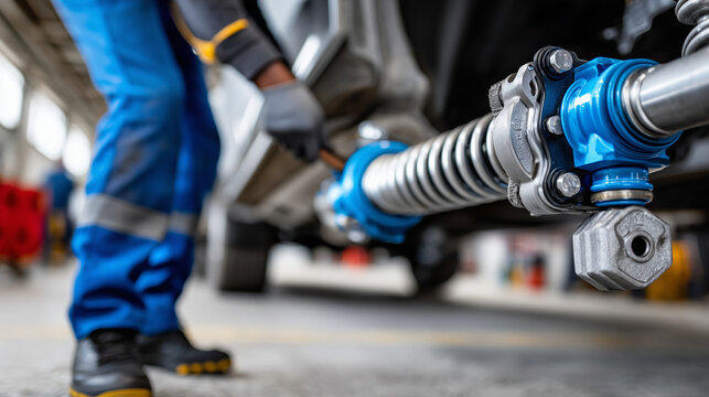 Partial view of technician's uniformed body inspecting defocused suspension while tools are sharp, with copy space