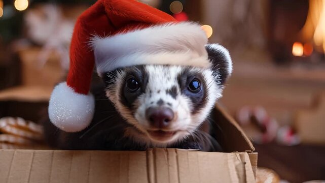 A joyful ferret wearing a Santa hat peeks from a festive box filled with holiday treats, surrounded by Christmas decorations and a cozy fireplace.