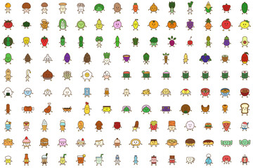 A set of hand-drawn character-style icons of vegetables, fruits, sweets, and dishes