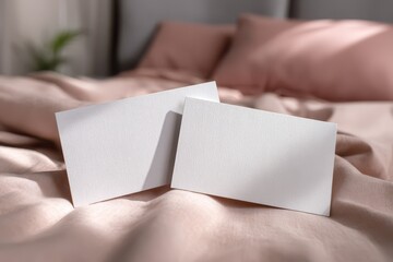 Elegant blank white cards resting on a delicate pink fabric in soft morning light.
