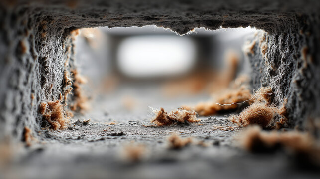 Close-up of dirty air duct before cleaning. Macro view showing a buildup of dust, lint, and debris inside a metal duct. The lighting accentuates texture and contrast between contam