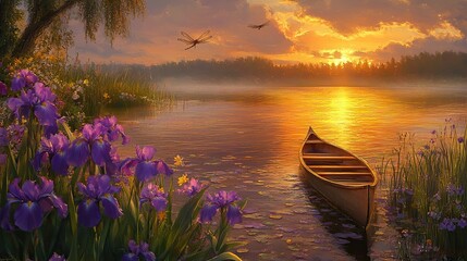 Summer Dusk at the Lake ShorePurple irises bloom beside a glassy lake as the sun sets in vibrant gold and orange. © faiz