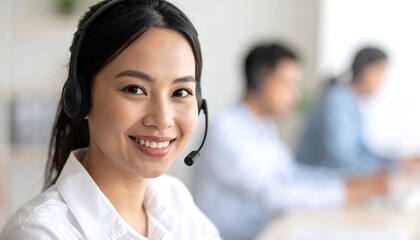 Smiling Asian woman wearing headset in a bright office setting. Two colleagues are out of focus in the background
