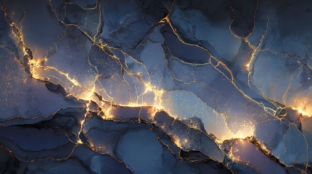 Dark blue and gold abstract fluid art with glowing veins.