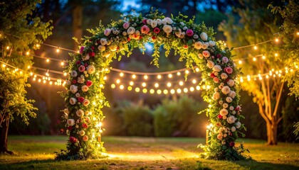 Outdoor wedding aisle with rose arch and warm string lights