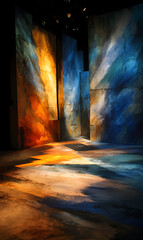 Abstract textural backdrop with artistic gradient brushstrokes creating a dreamy otherworldly scenery showcasing warm orange and cool blue color scheme with soft lighting for