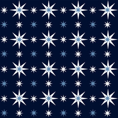 Christmas stars seamless pattern. Blue starry vector background. Night sky geometric magic wrapping paper decoration