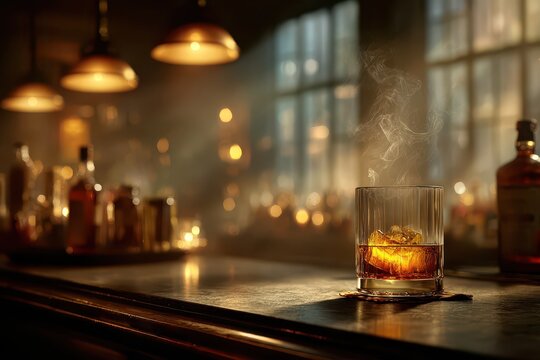 A refined glass of whiskey with ice and smoke, glowing on a vintage bar counter.