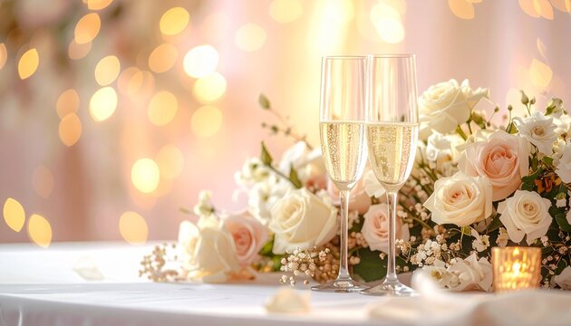 Soft pastel wedding flowers and champagne glasses and copy space